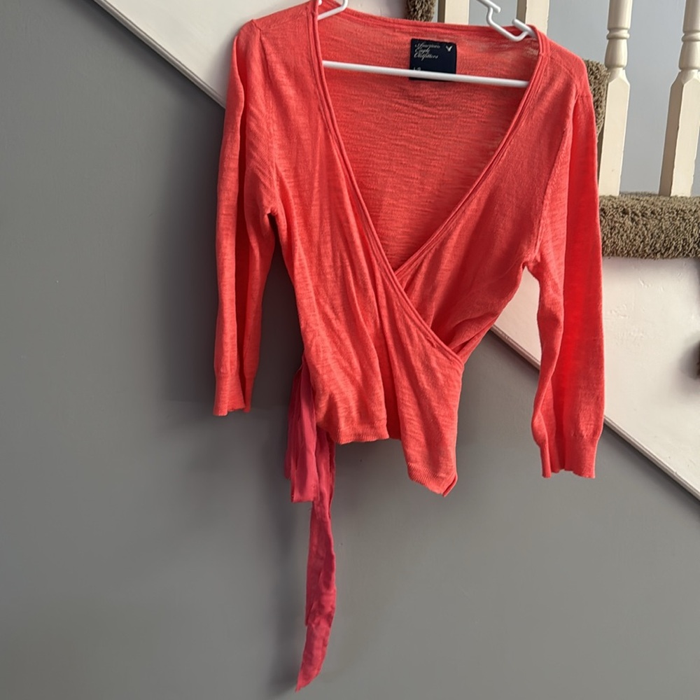 American Eagle Outfitters Vibrant Coral Wrap Blouse